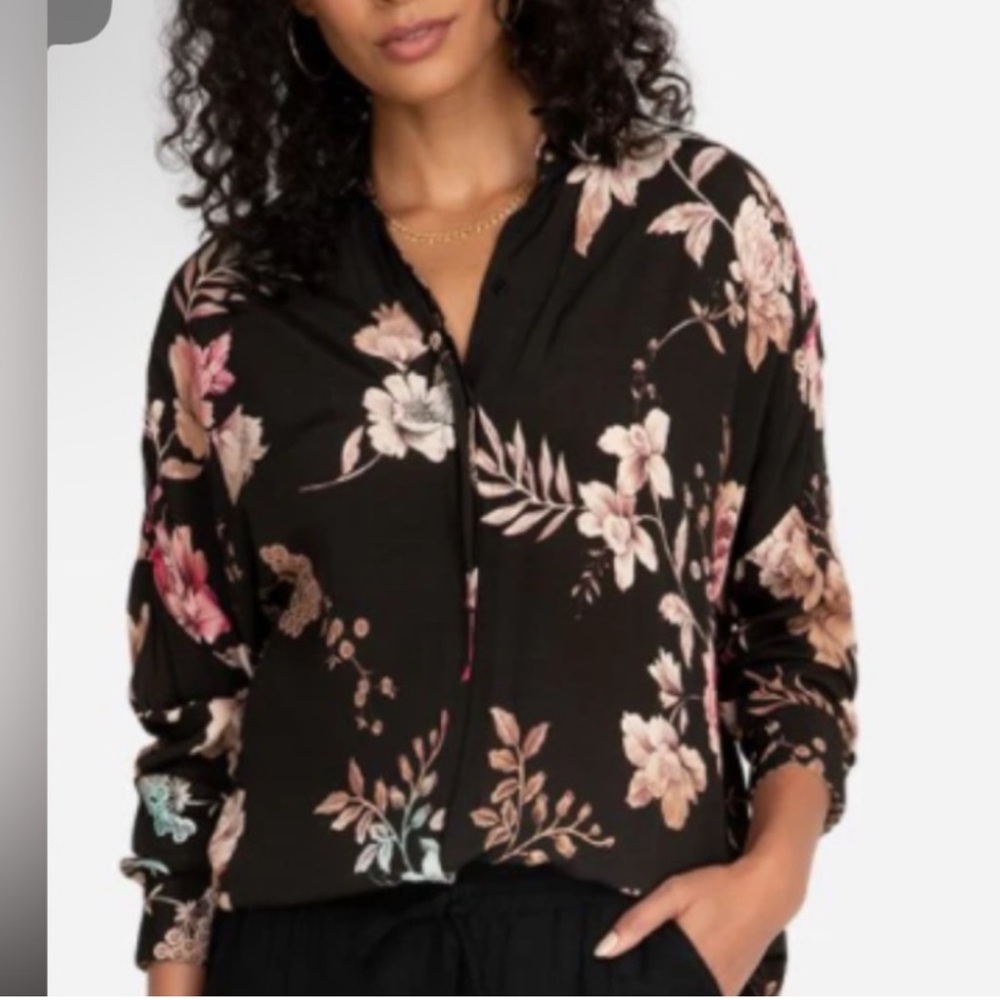 Johnny Was Jade Taos Black Floral Button Down Blouse Size S